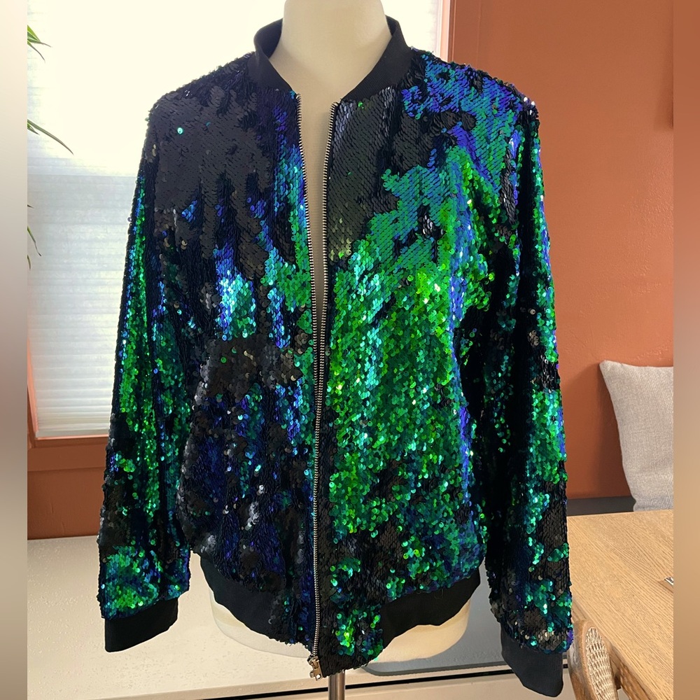 Sequin Bomber Jacket in Green and Blue Large